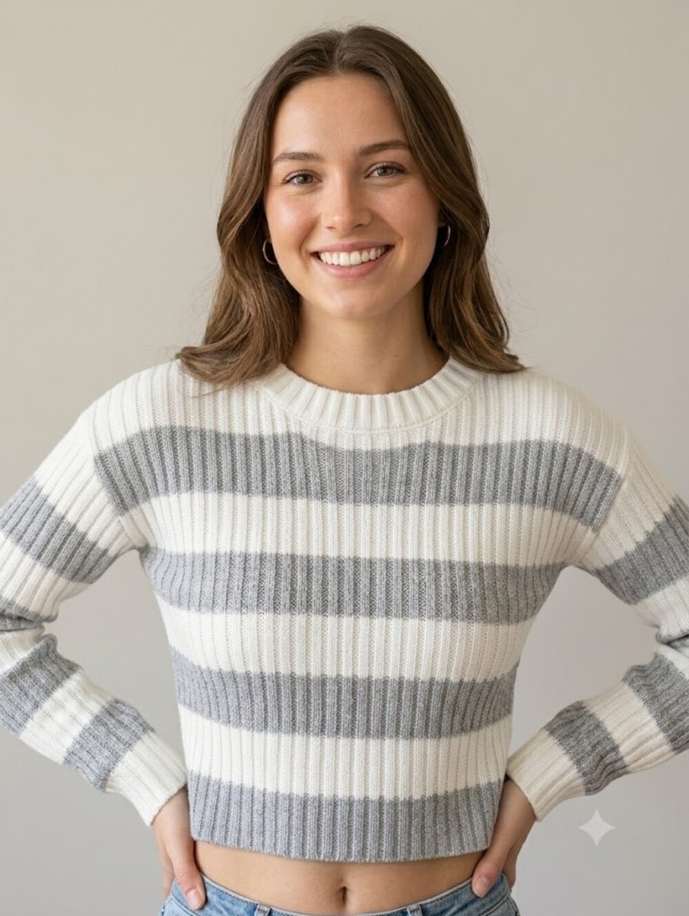 Grey White Striped Ribbed Cropped Sweater Boho Casual Coquette Preppy Y2K Grunge